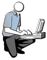 man kneeling at computer
